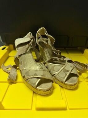 Coach Beige Signature Canvas Espadrille Wedges with Lace Ties Size 9